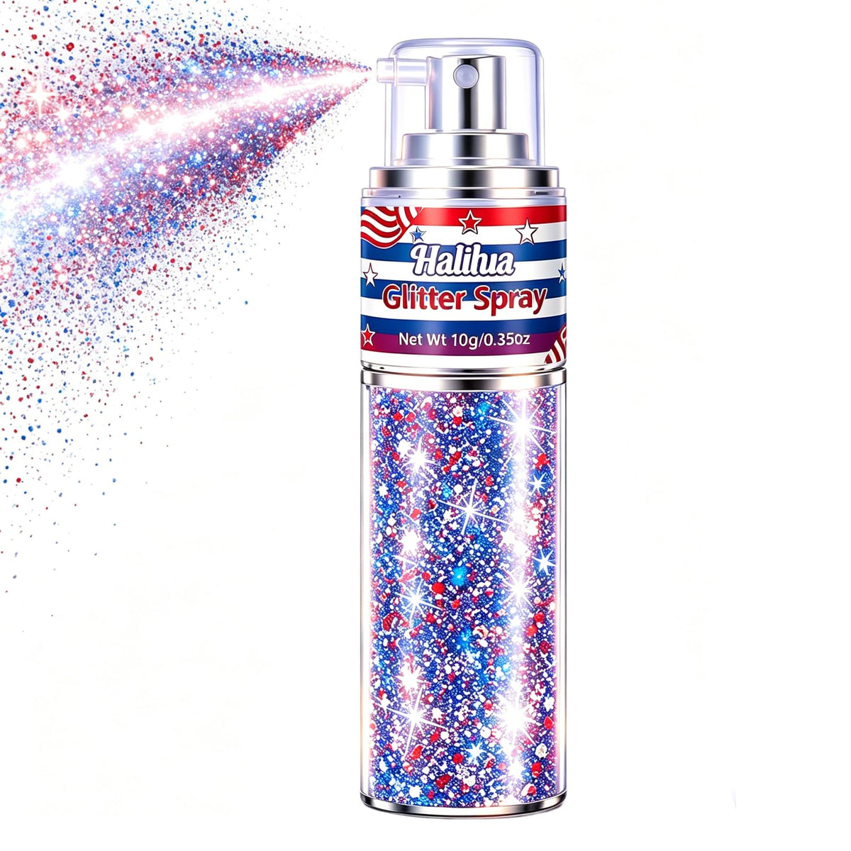 Sulily front packaging showing patriotic glitter spray benefits