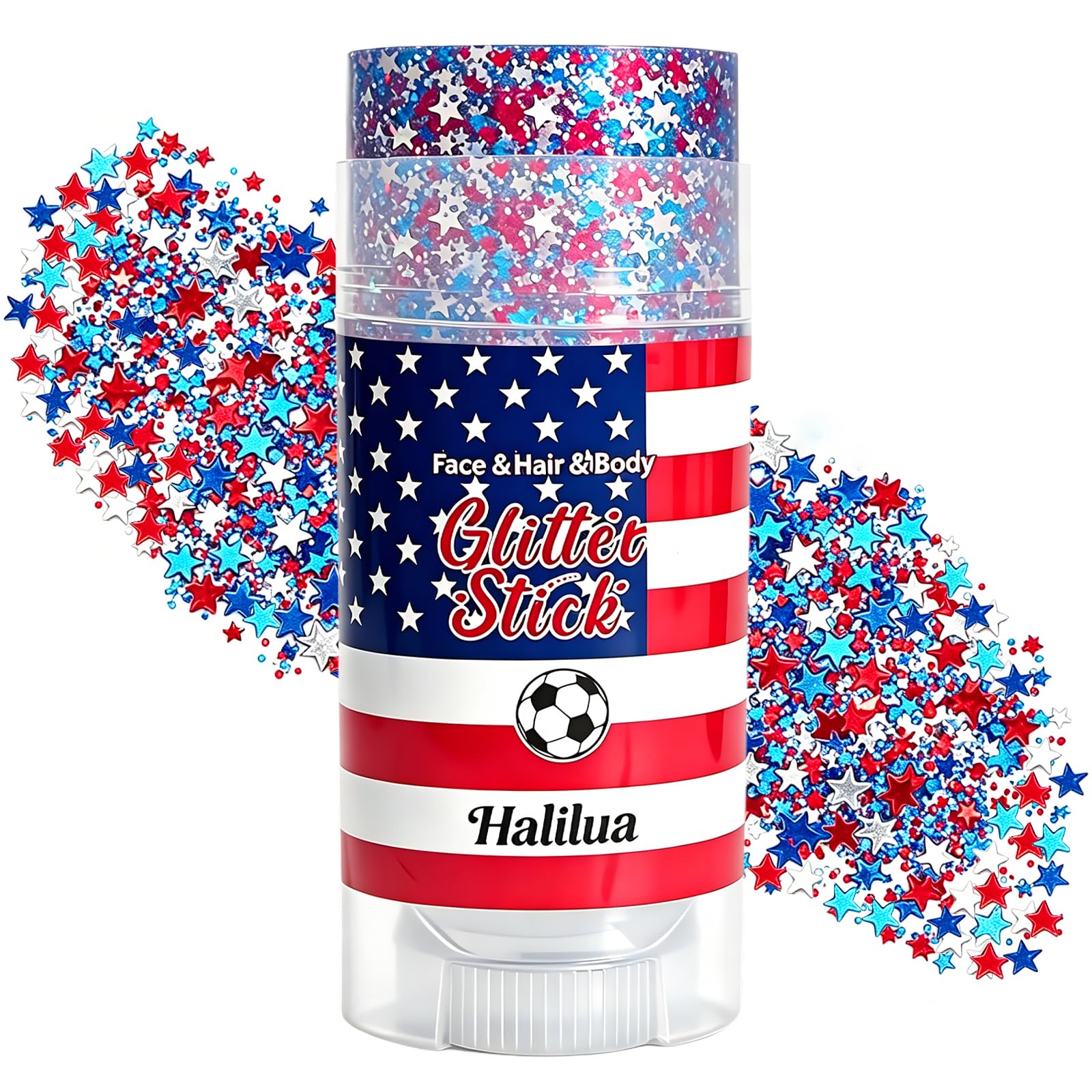 Sulily front packaging glitter stick showing patriotic colors and easy grip benefit