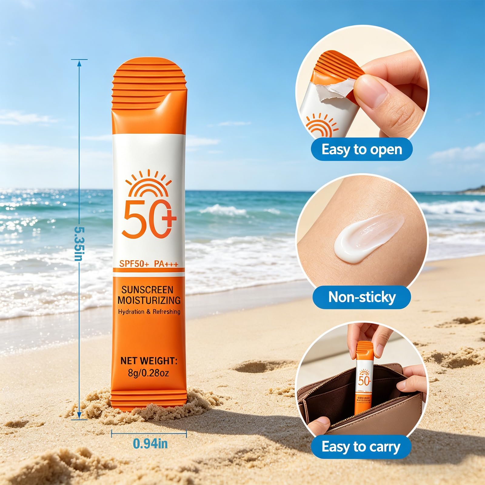 Sulily packets in beach bag showing beach-ready protection convenience