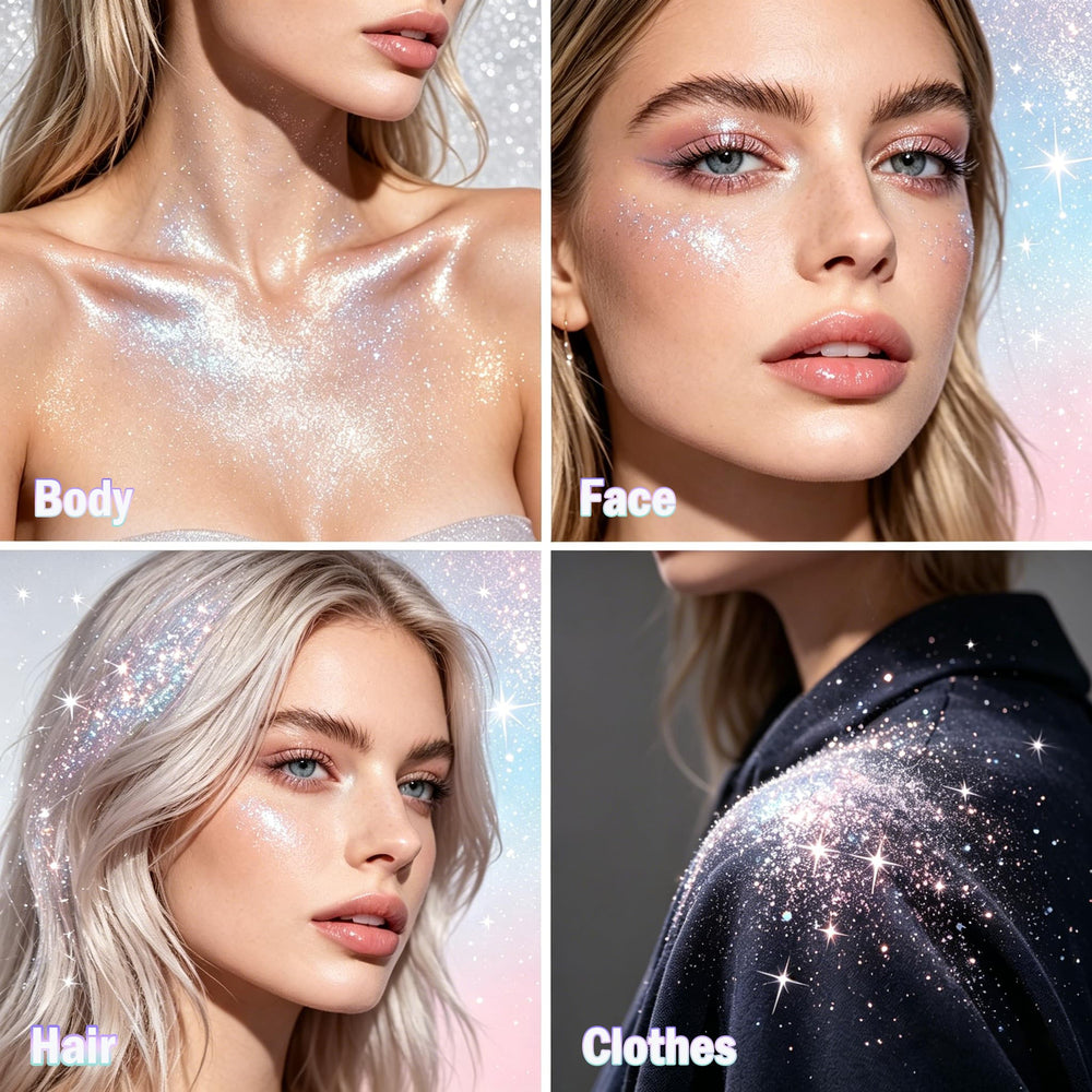 Sulily glitter spray applied into hair showing lightweight shine and movement