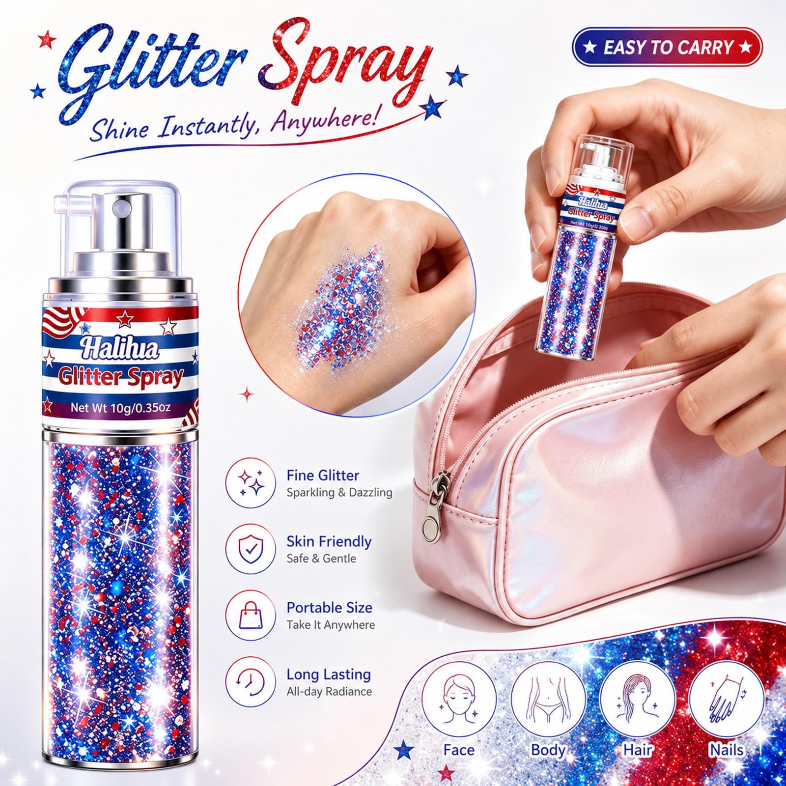 Sulily spray in use on forehead and cheek for instant festival sparkle