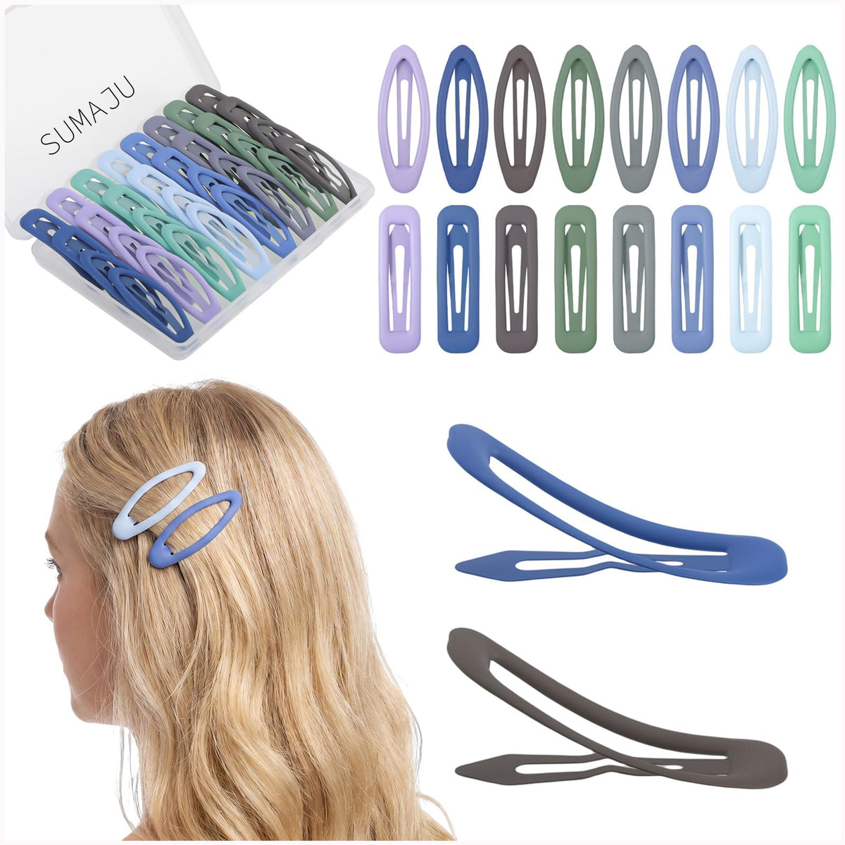 SUMAJU front packaging clear box showing 32 clips and portability benefit