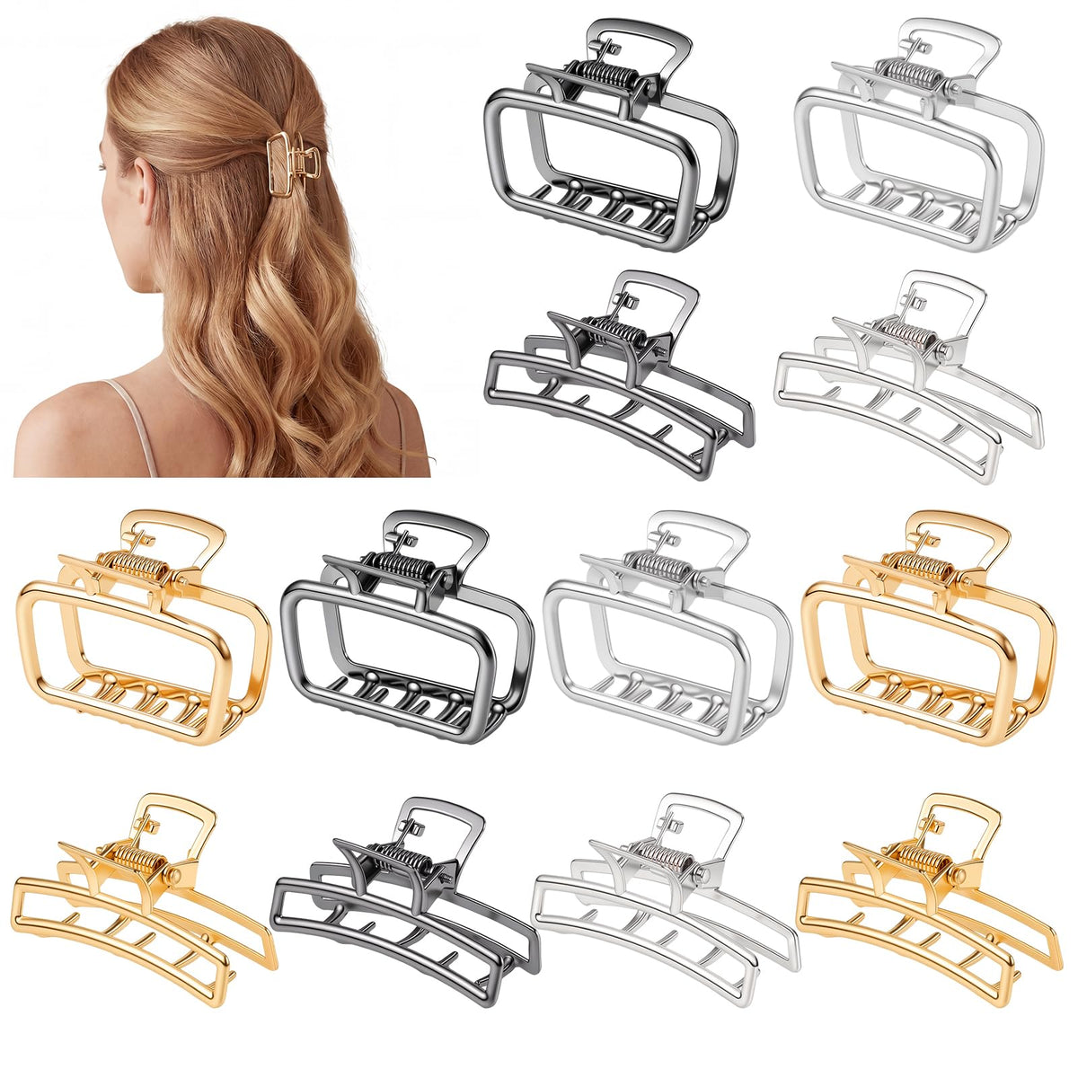 SUMAJU front view of 12 metal claw clips showing color set and compact design
