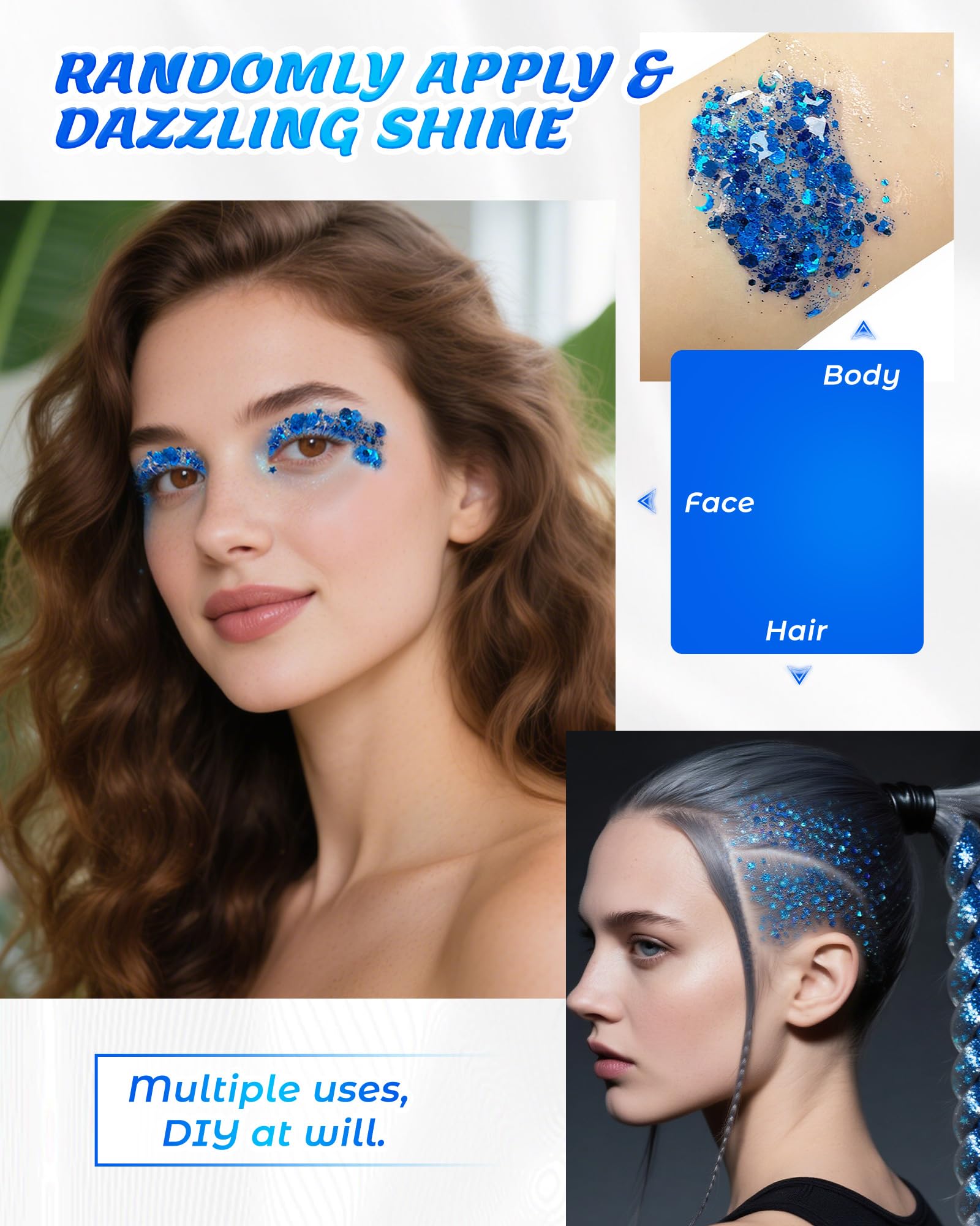 SUMEITANG festival makeup on model chest and face demonstrating dramatic sparkle