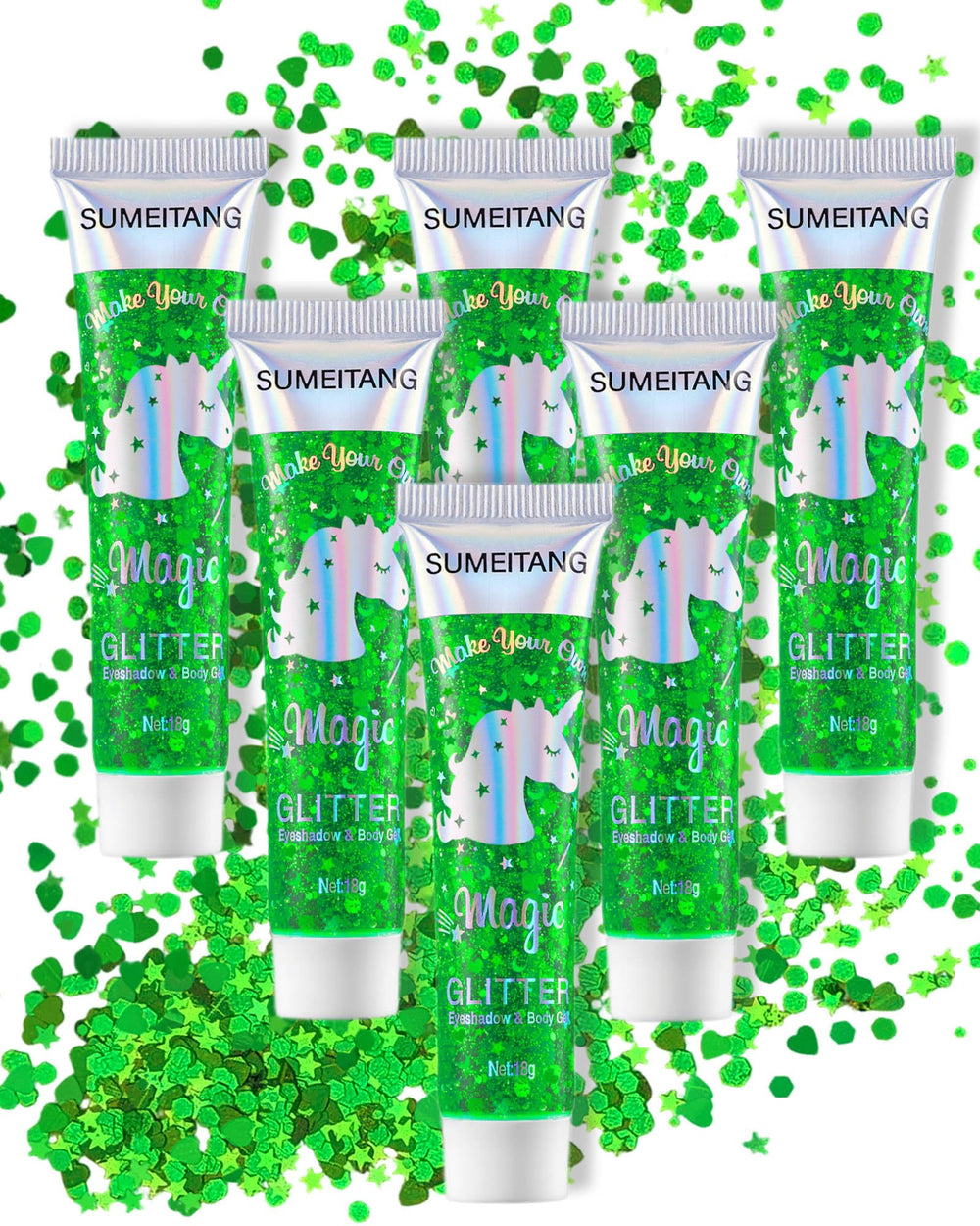 SUMEITANG front packaging showing six green glitter tubes and kit benefit