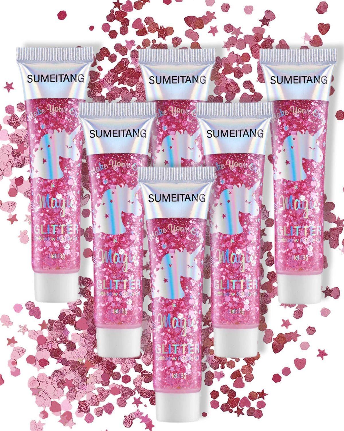 SUMEITANG front view of six pink glitter pots showing variety and convenience