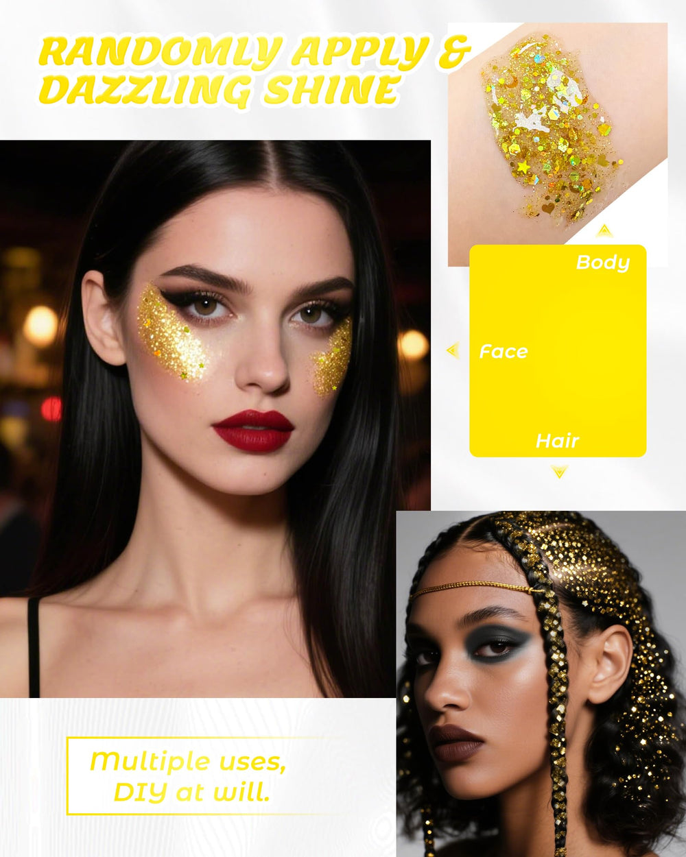 SUMEITANG glitter gel used as hair highlight, adds luminous golden dimension
