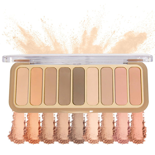 SUMEITANG palette front view showing nine neutral matte shades and compact design benefit