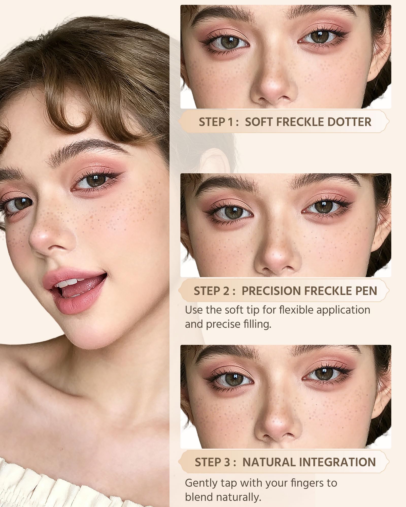 SUMEITANG pen in use applying freckles on cheek, realistic sunkissed finish benefit