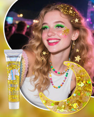 SUMEITANG close-up of holographic chunky sequins in gel, vibrant light-reflecting detail