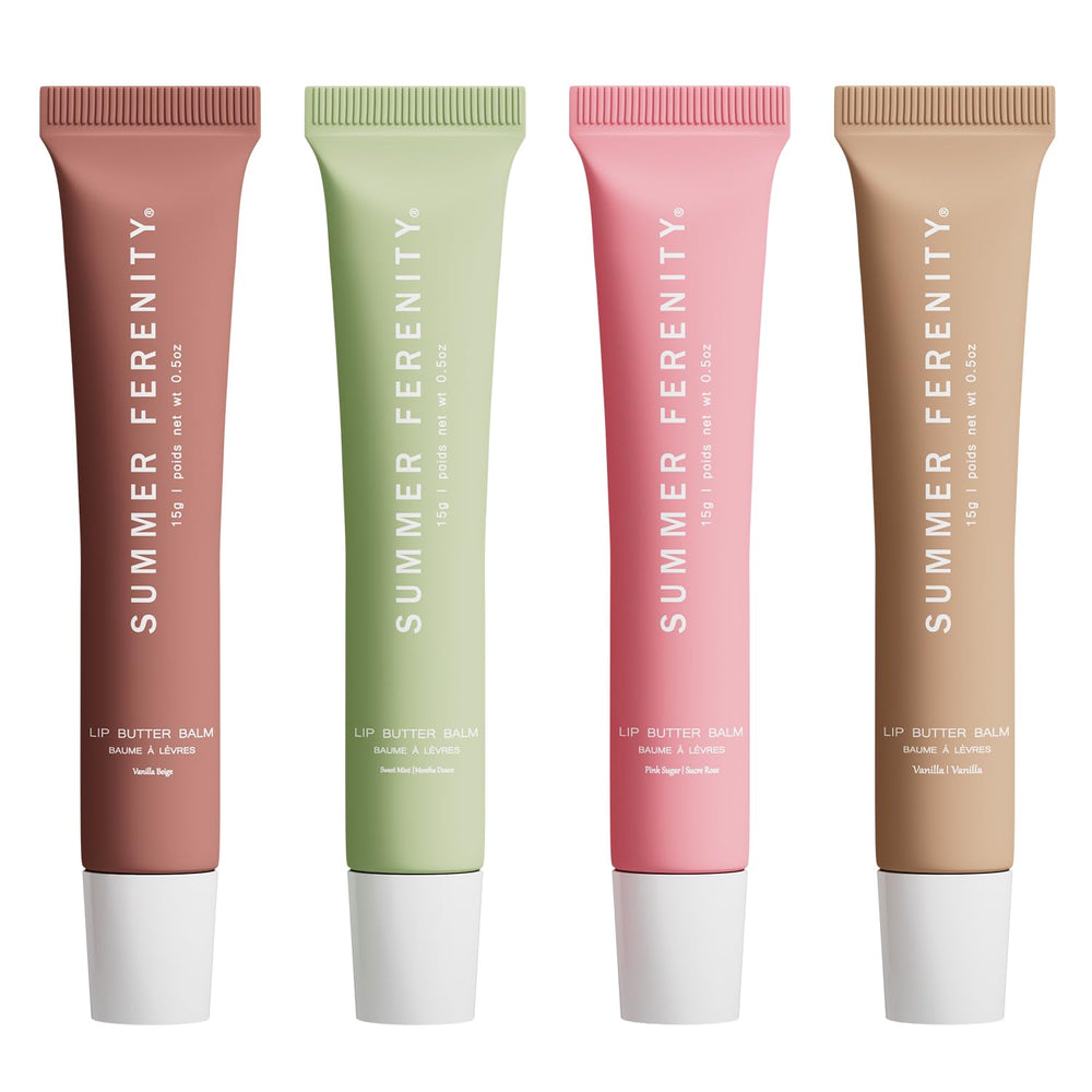 Summer Ferenity front packaging showing four tinted lip balms and instant moisture