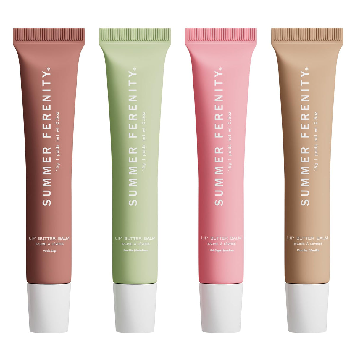 Summer Ferenity front packaging showing four tinted lip balms and instant moisture