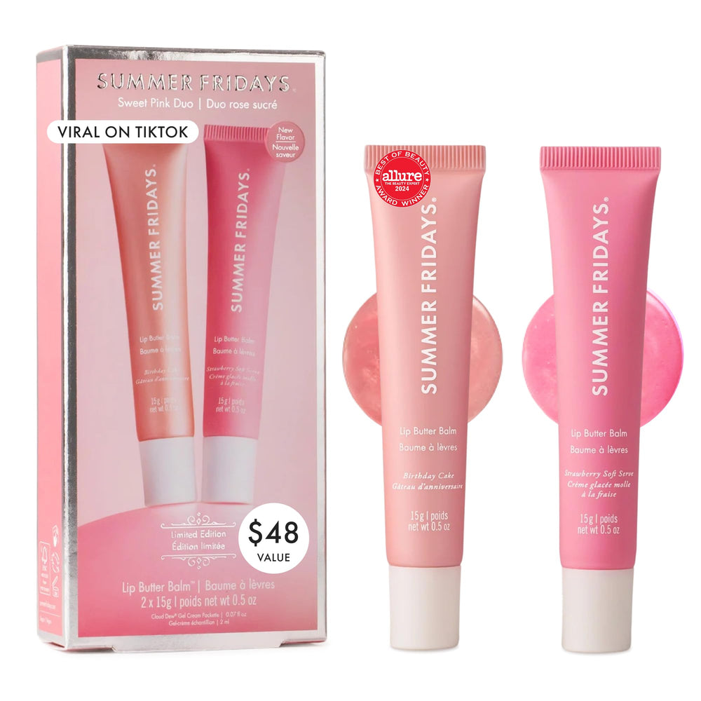 Summer Fridays duo front packaging showing both tinted balm sticks and branding benefit