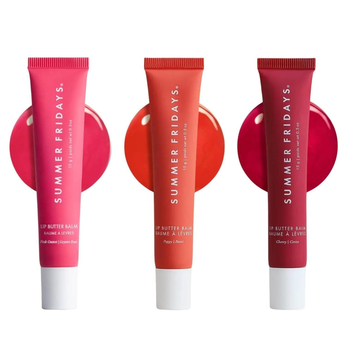 Summer Fridays front packaging trio showing three tinted balm benefits moisture