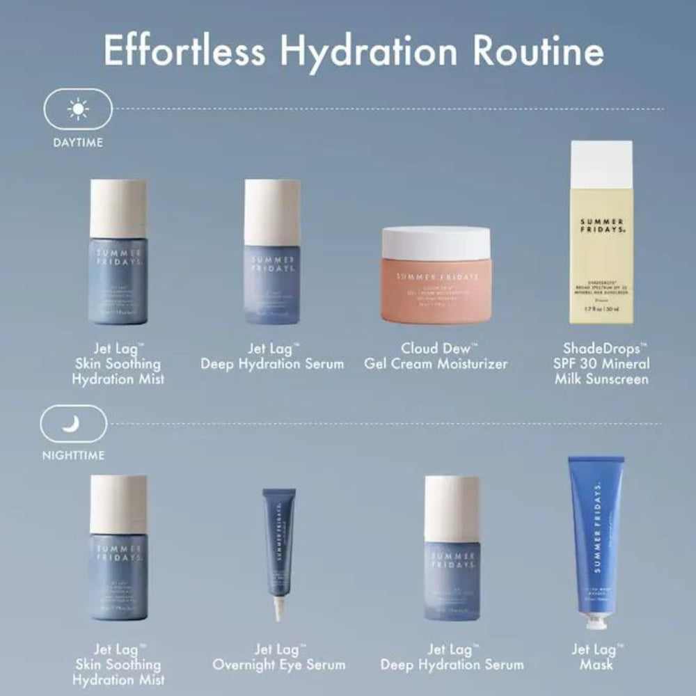 Summer Fridays serum staged in bathroom routine to illustrate nightly use