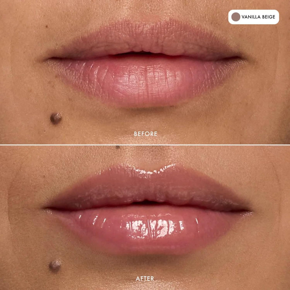 Summer Fridays Vanilla balm applied on lips showing clear glossy hydration