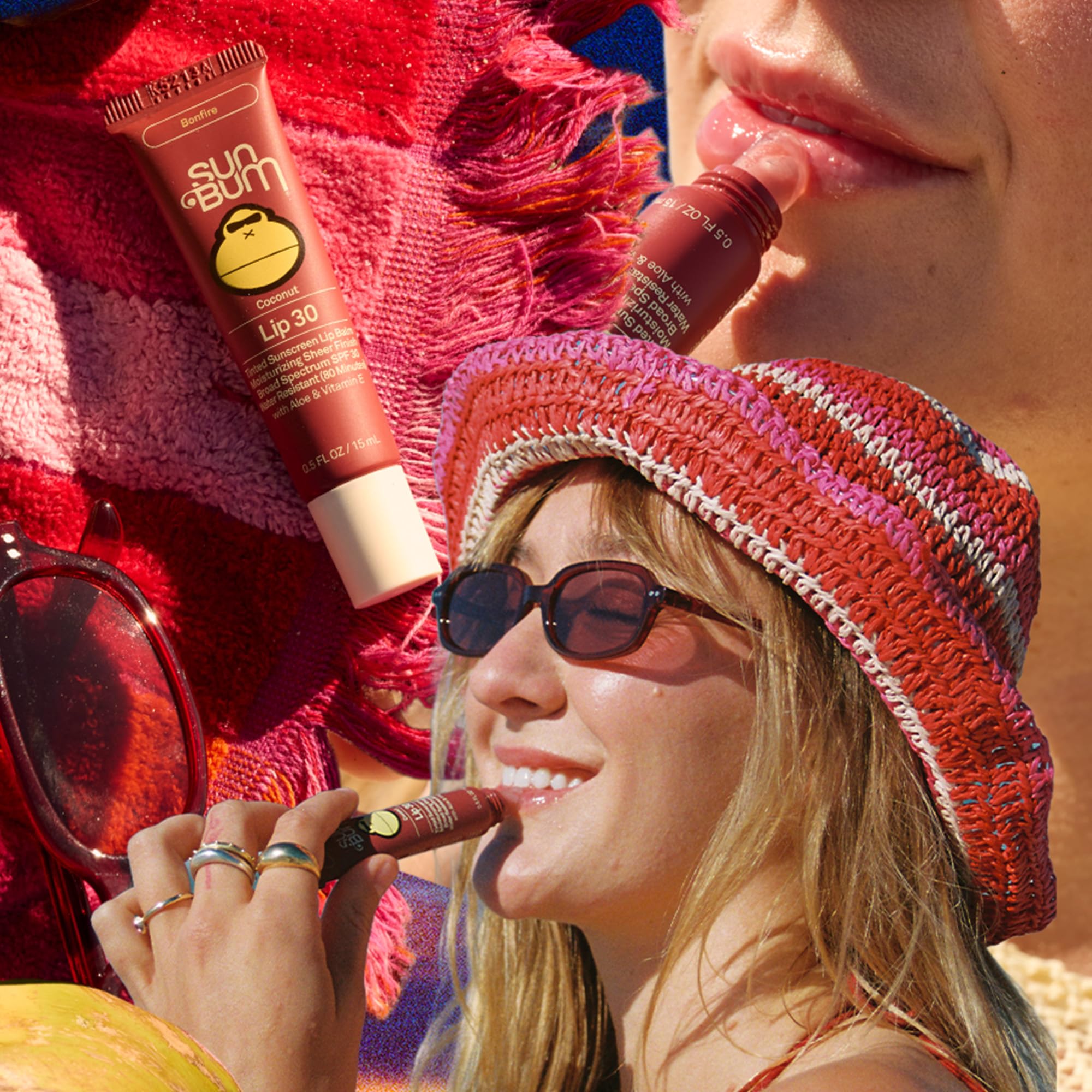 Sun Bum Bonfire application on lips showing sheer tint and protection