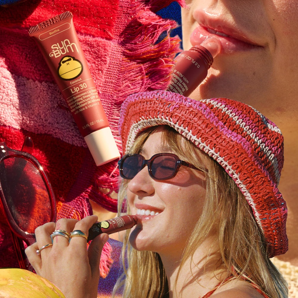 Sun Bum Bonfire application on lips showing sheer tint and protection