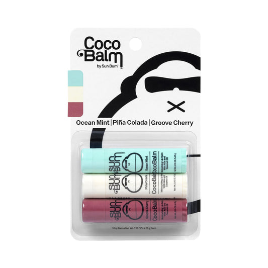 Sun Bum cocobalm front packaging showing three flavor tubes and bright branding for easy recognition and convenience