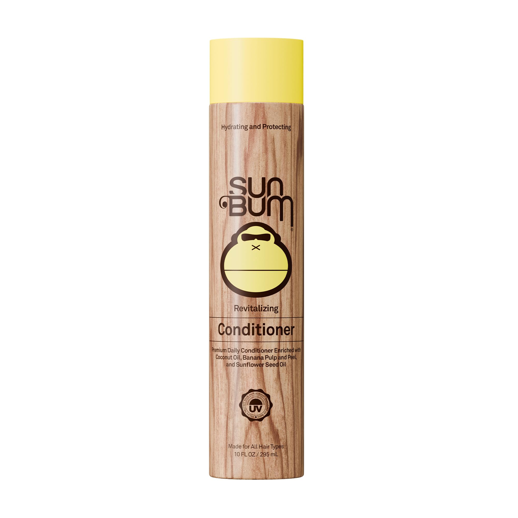 Sun Bum conditioner bottle front view showing 10 oz packaging and clear benefits