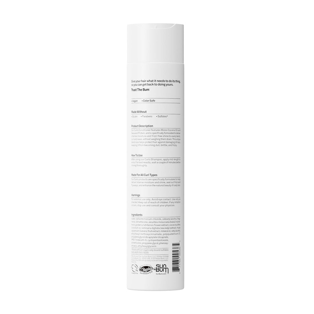 Sun Bum 10 oz conditioner beside hand for size comparison and travel-friendly benefit