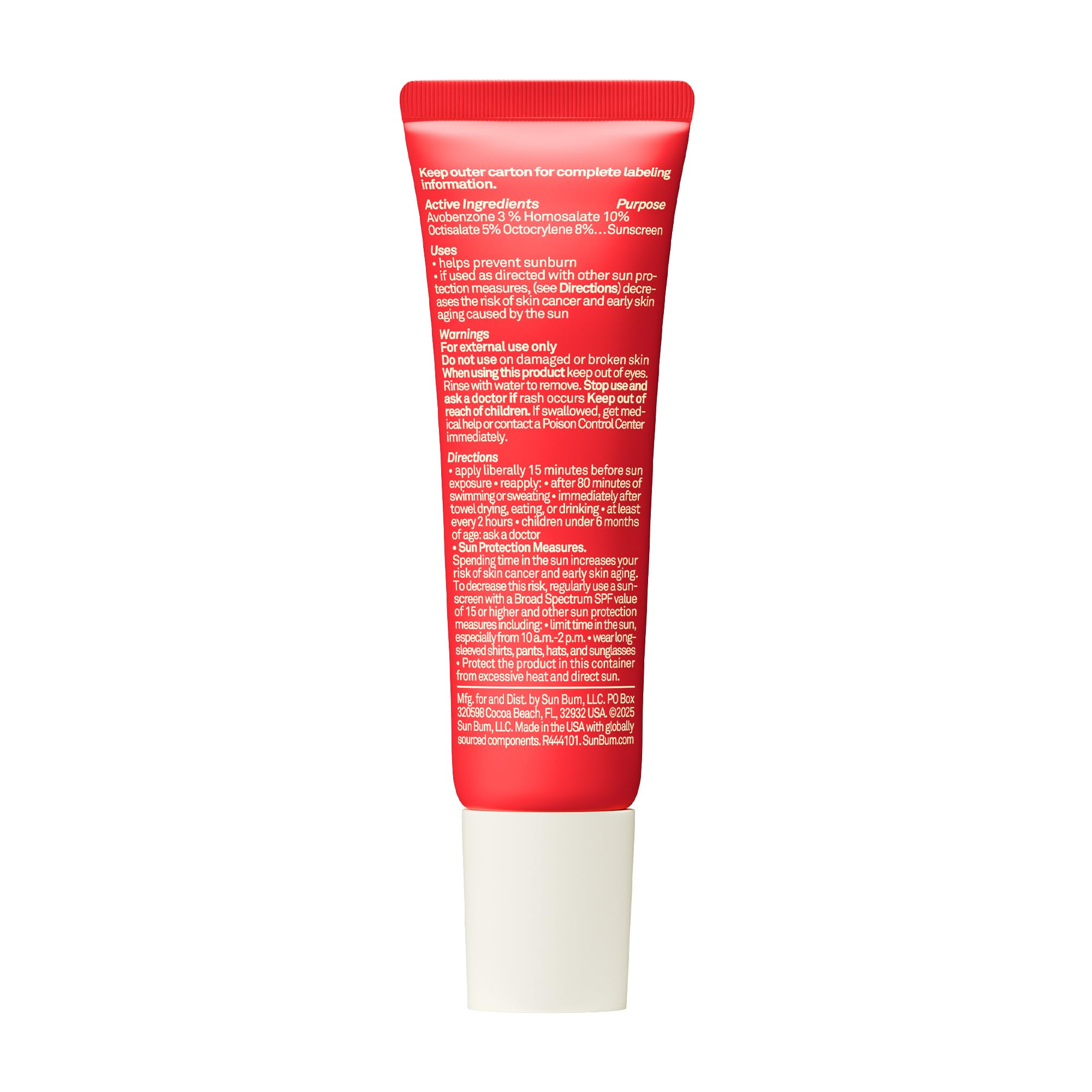 Sun Bum ingredient label highlighting aloe and vitamin E benefits