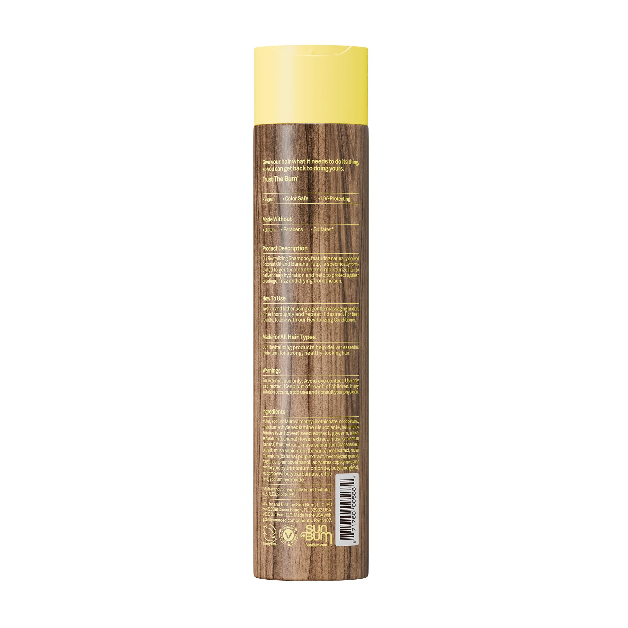 Sun Bum product label highlighting banana and coconut ingredients for nourishment
