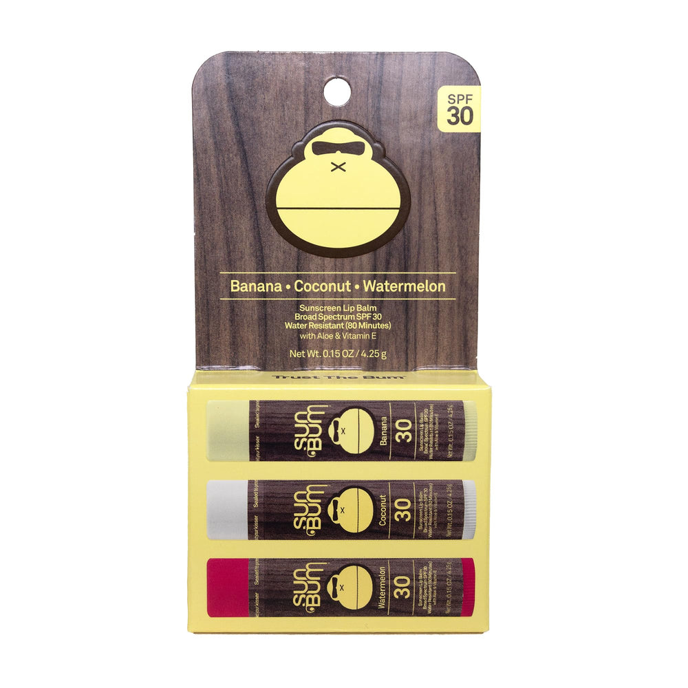 Sun Bum lip balm variety pack front view showing three flavors and SPF 30 protection