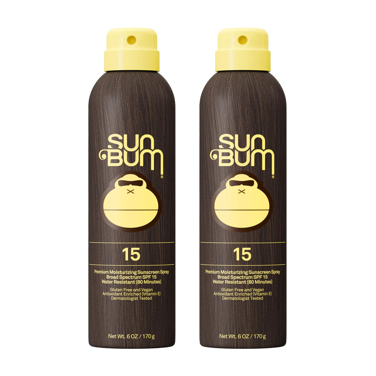 Sun Bum front packaging showing SPF 15 and twin 6 oz cans for quick protection