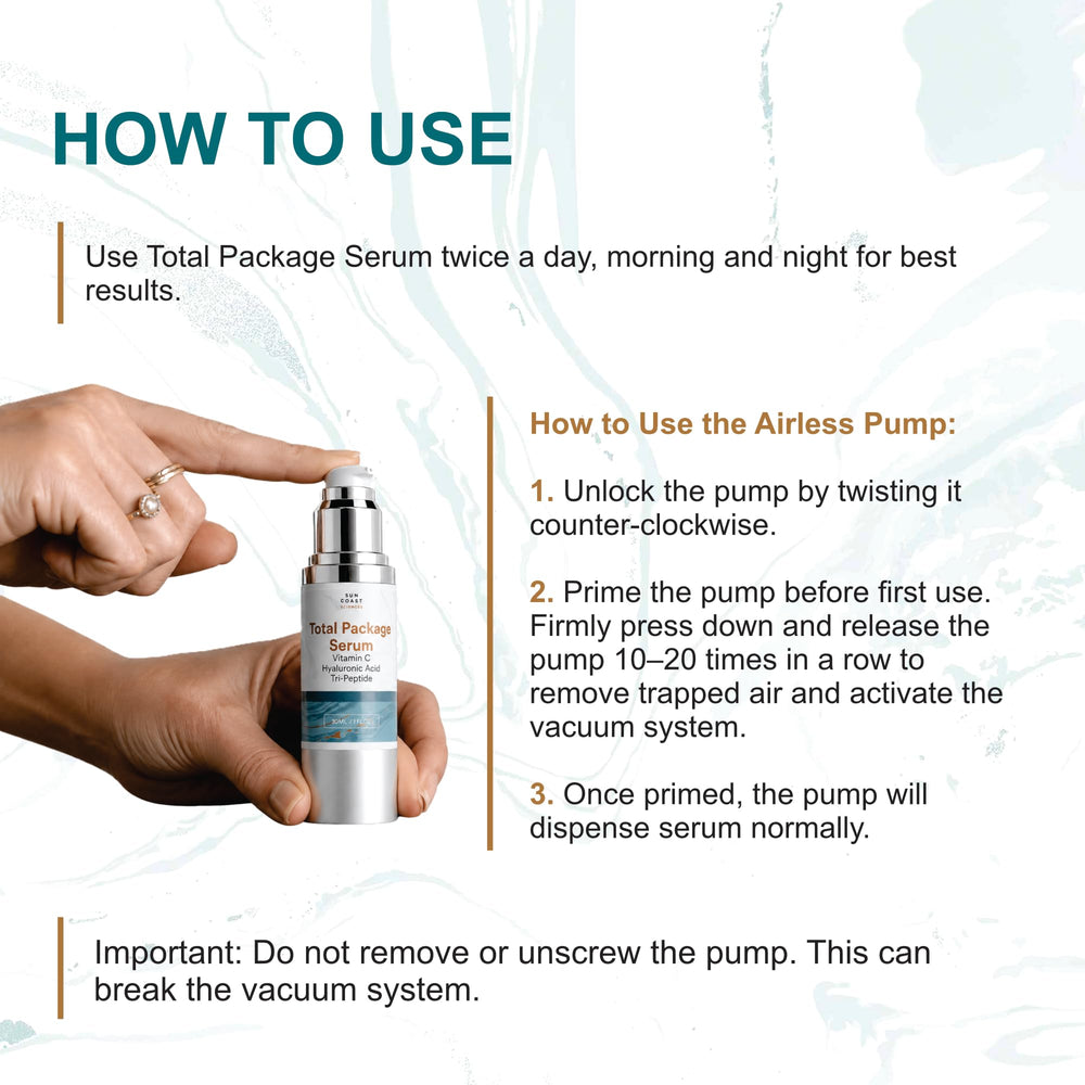 Sun Coast Sciences pump close-up highlighting airless dispensing benefit