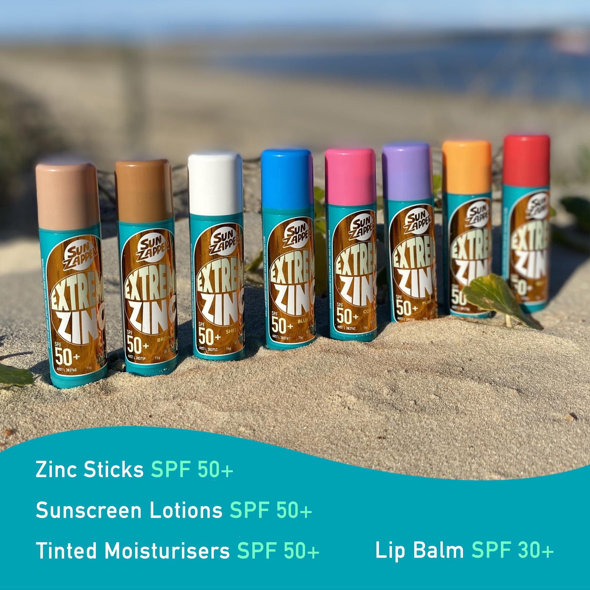 Sun Zapper sticks on beach with surfer showing real-world surf performance and visibility benefit