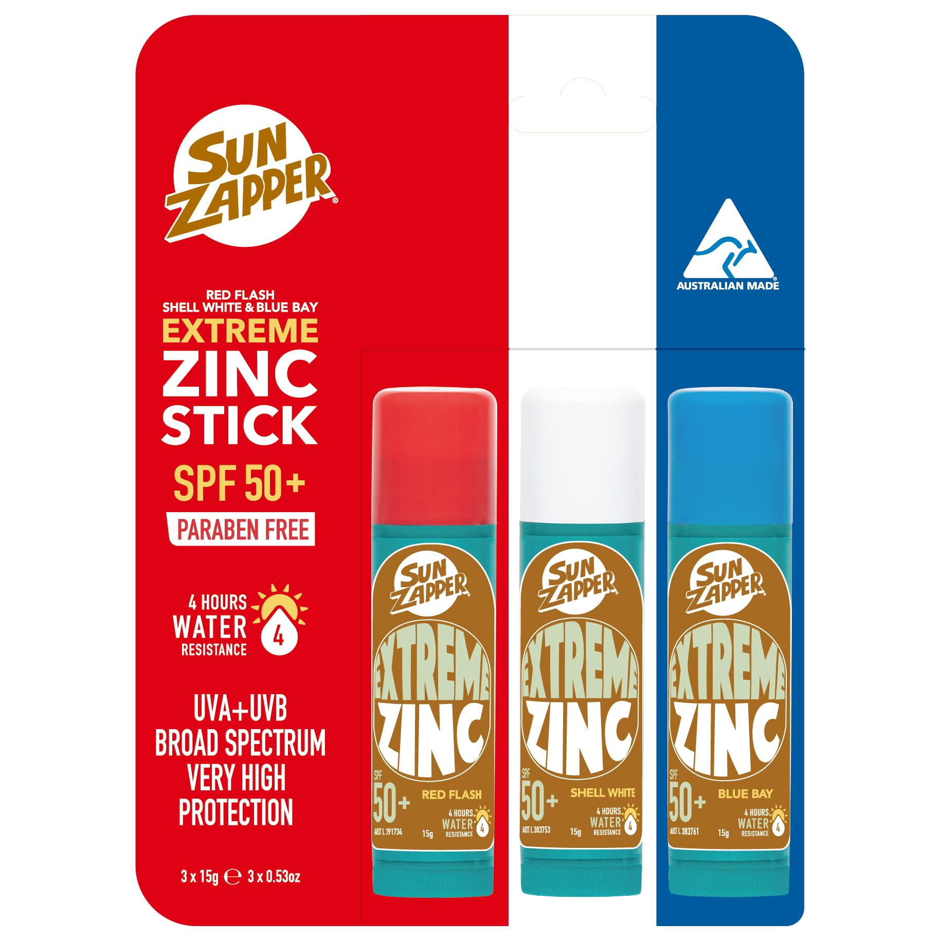 Sun Zapper three-stick pack front view showing colors and packaging benefit: easy identification