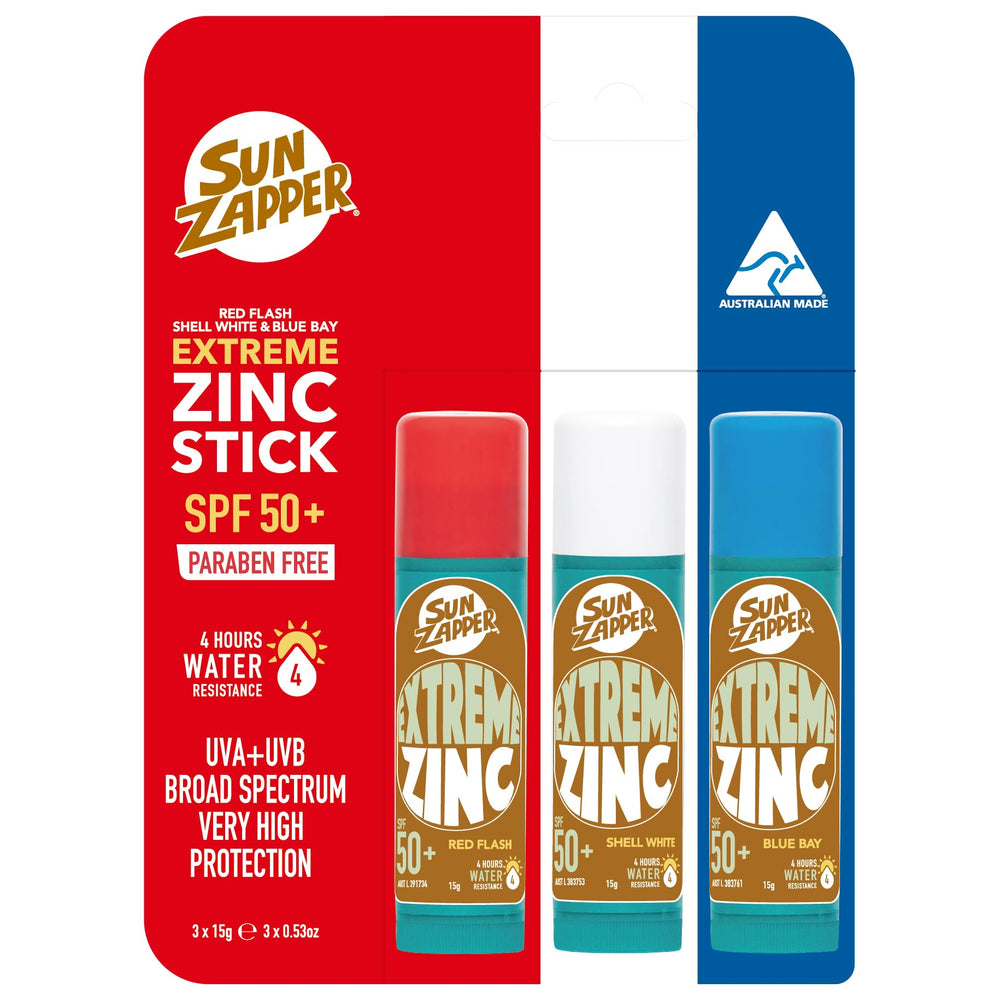 Sun Zapper three-stick pack front view showing colors and packaging benefit: easy identification