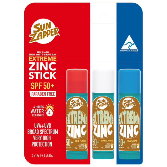 Sun Zapper three-stick pack front view showing colors and packaging benefit: easy identification