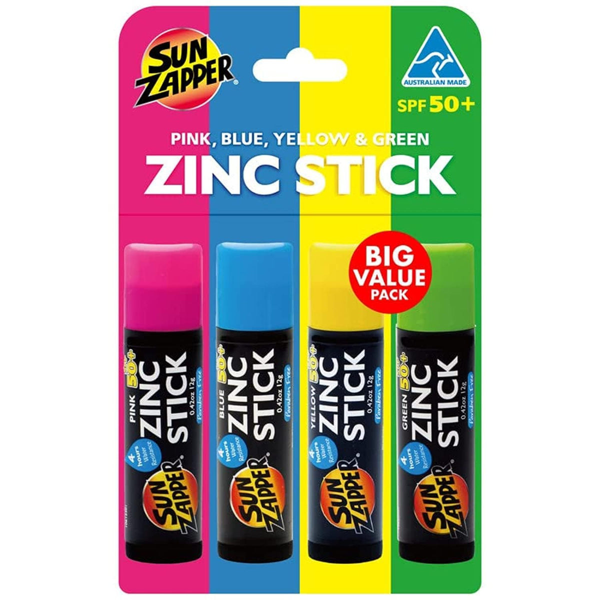 Sun Zapper front pack showing four colorful zinc sticks and SPF details for easy identification