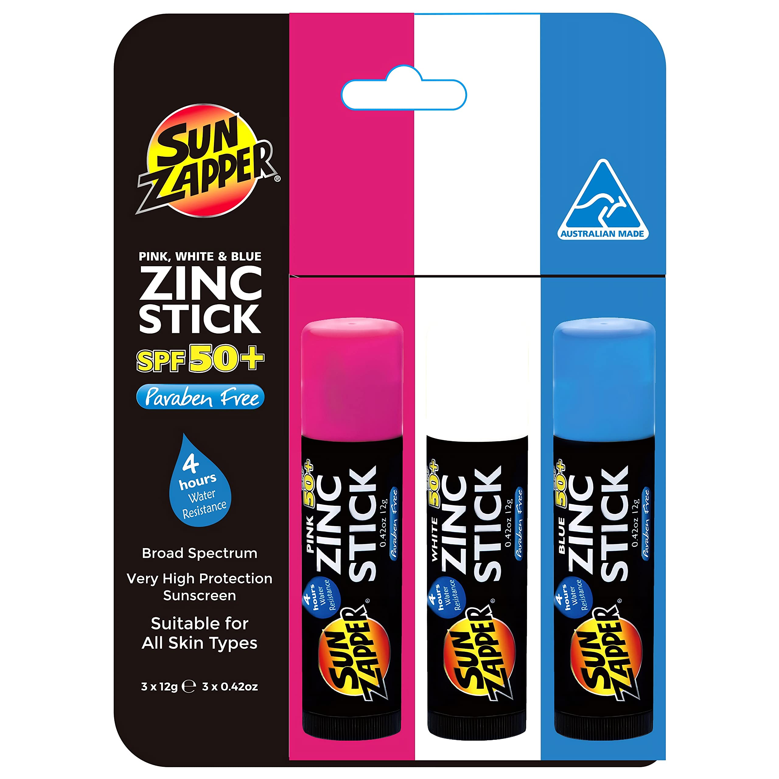 Sun Zapper front packaging showing three colored zinc sticks for easy identification and travel
