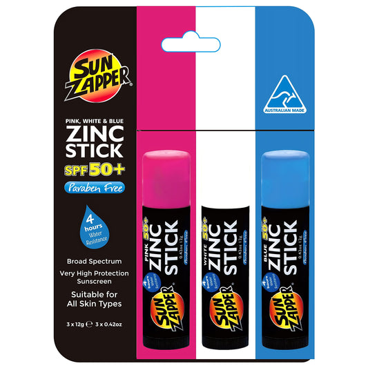 Sun Zapper front packaging showing three colored zinc sticks for easy identification and travel