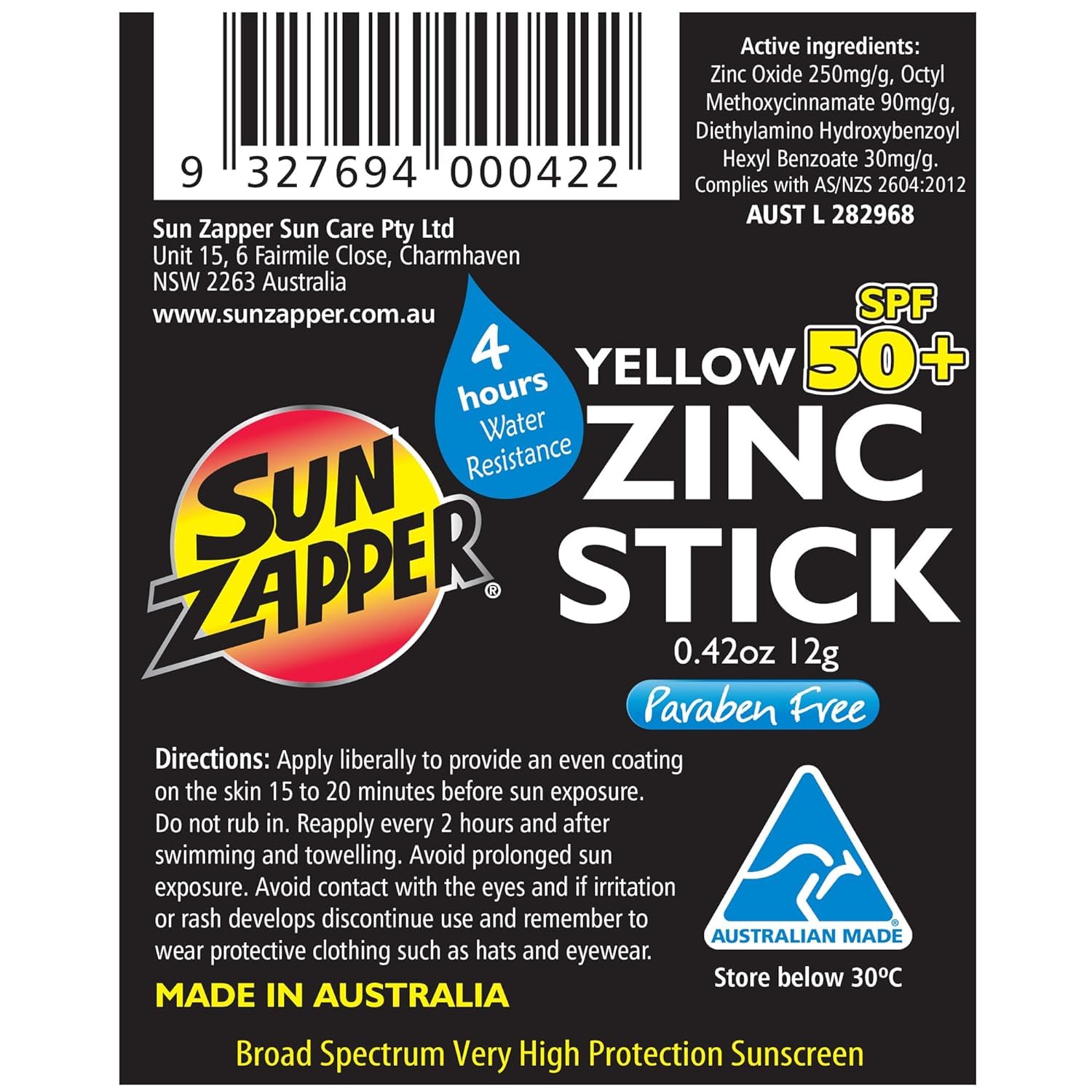Sun Zapper label and ingredients panel highlighting Australian made benefits