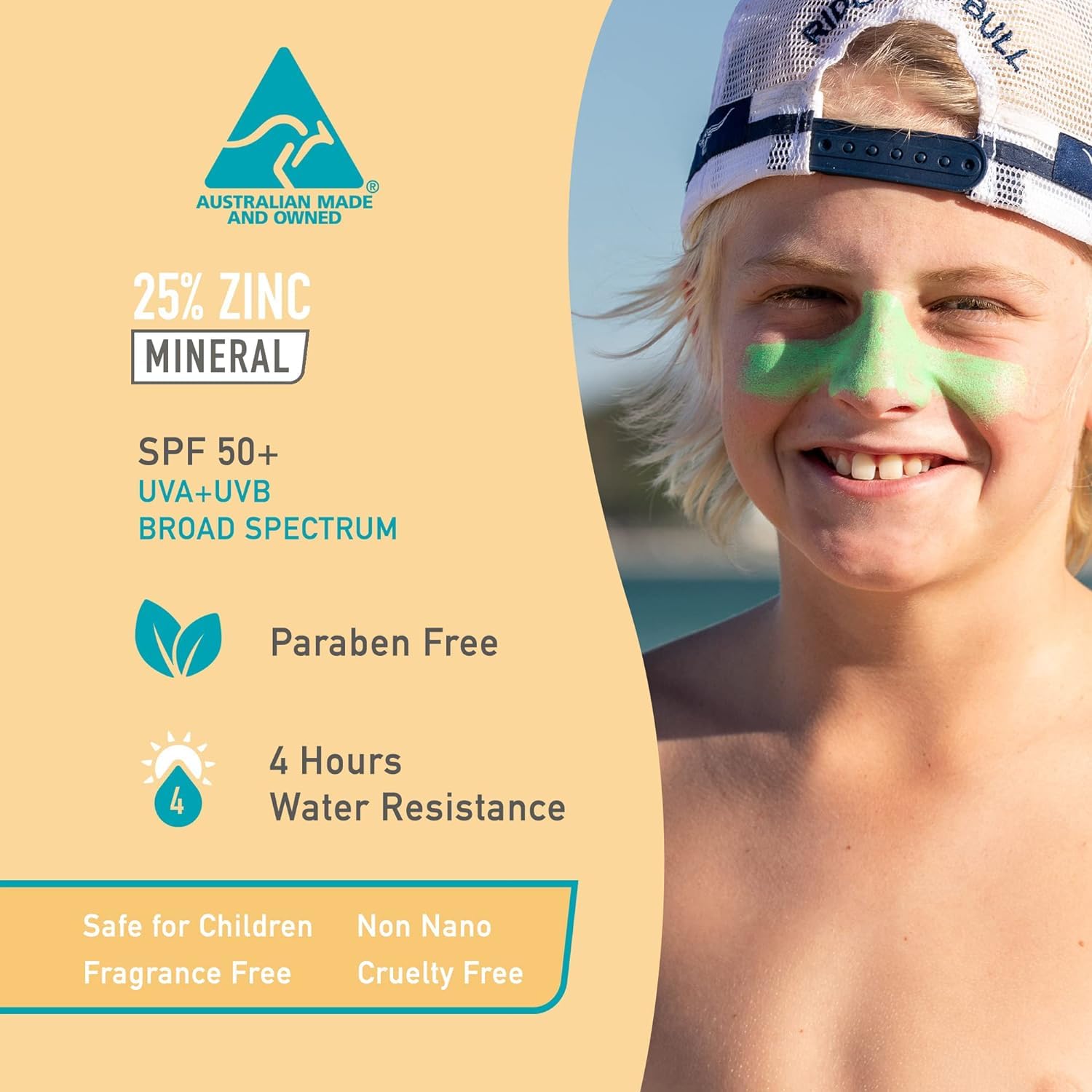 Sun Zapper stick being applied to a child’s cheek for visible coverage