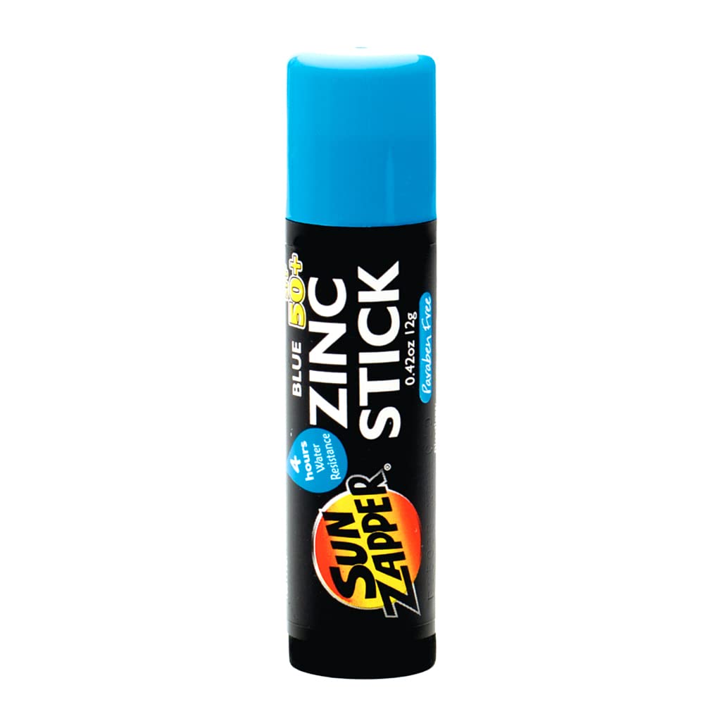 Sun Zapper stick front view showing blue colored zinc and compact travel size benefit