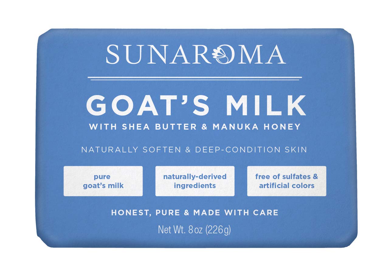 SUNAROMA front packaging showing goat's milk soap and benefits