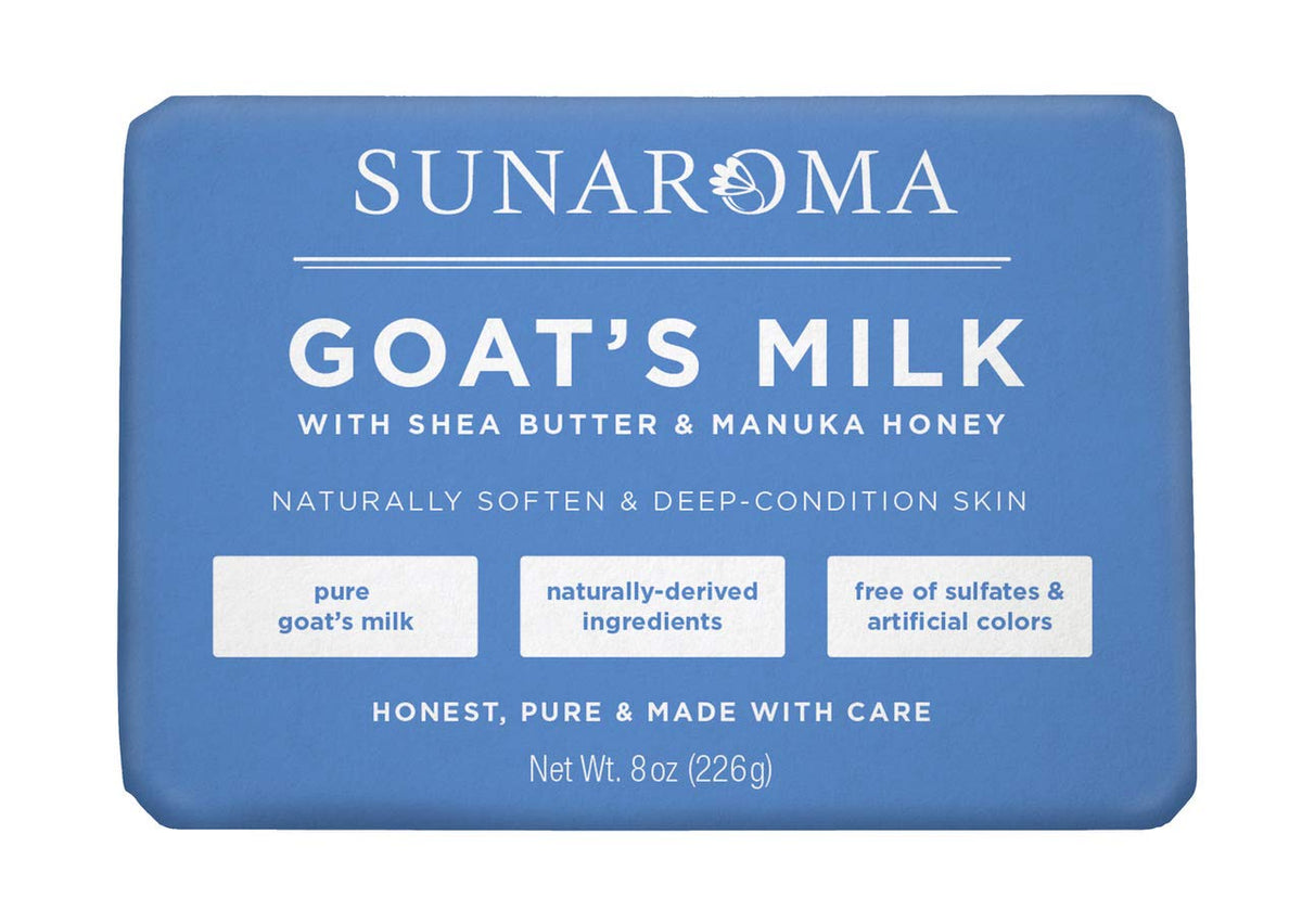 SUNAROMA front packaging showing goat's milk soap and benefits