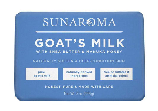 SUNAROMA front packaging showing goat's milk soap and benefits