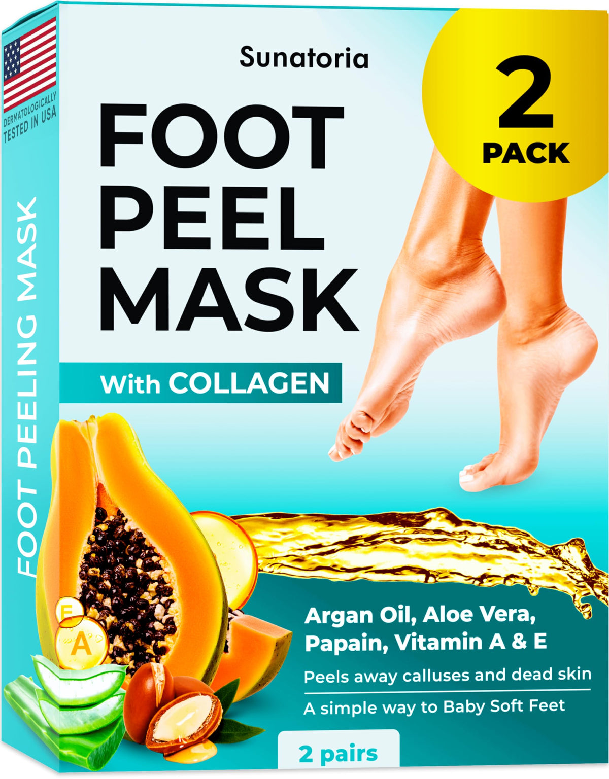SUNATORIA front packaging showing 2-pack and benefits for softer feet