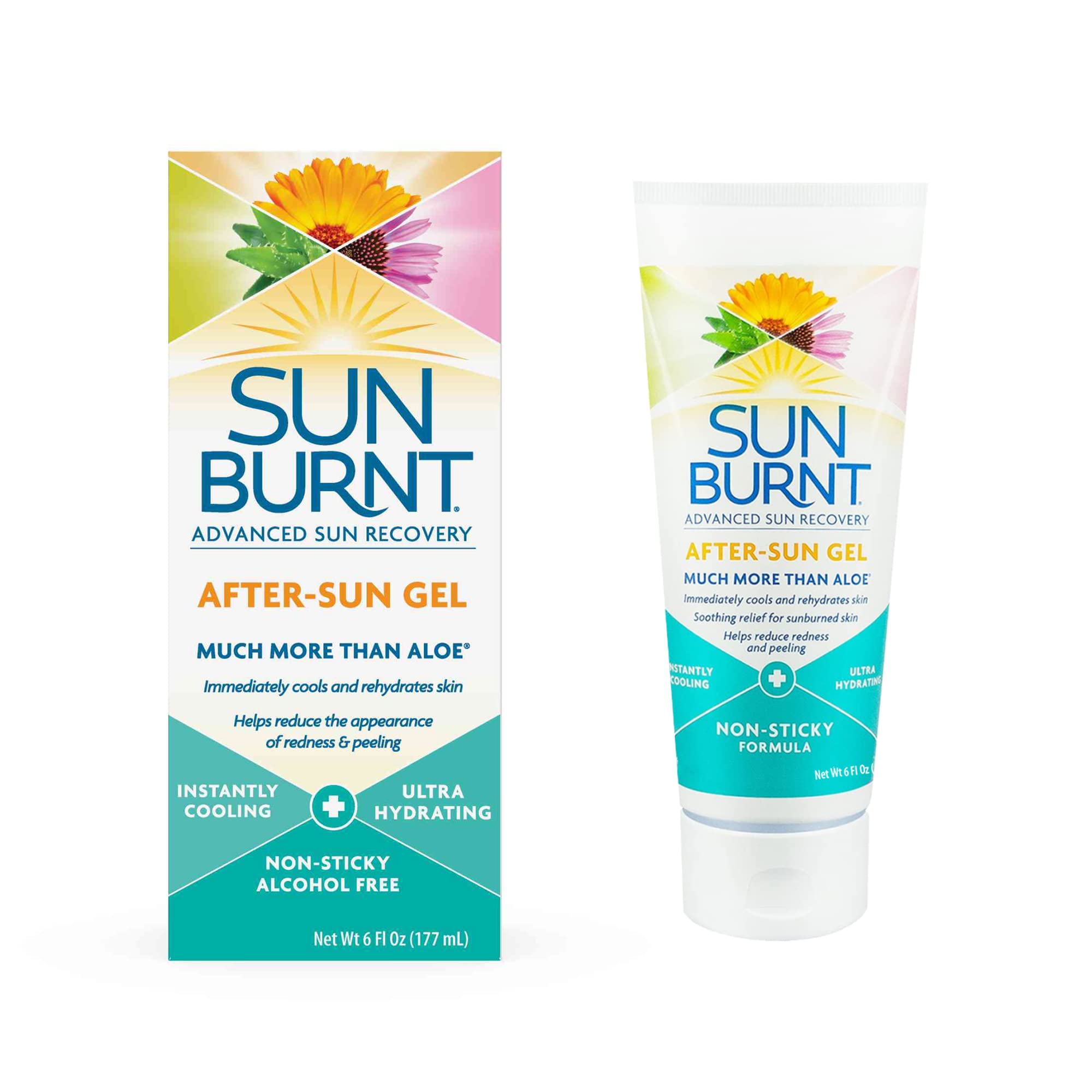 Sunburnt front packaging 6oz showing clear bottle and product benefit