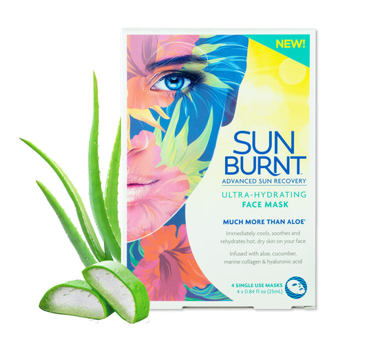 Sunburnt front packaging showing four individual face mask packets for quick recovery