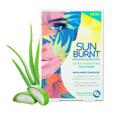 Sunburnt front packaging showing four individual face mask packets for quick recovery