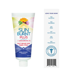 Sunburnt brand back panel showing directions and dermatologist-tested claims