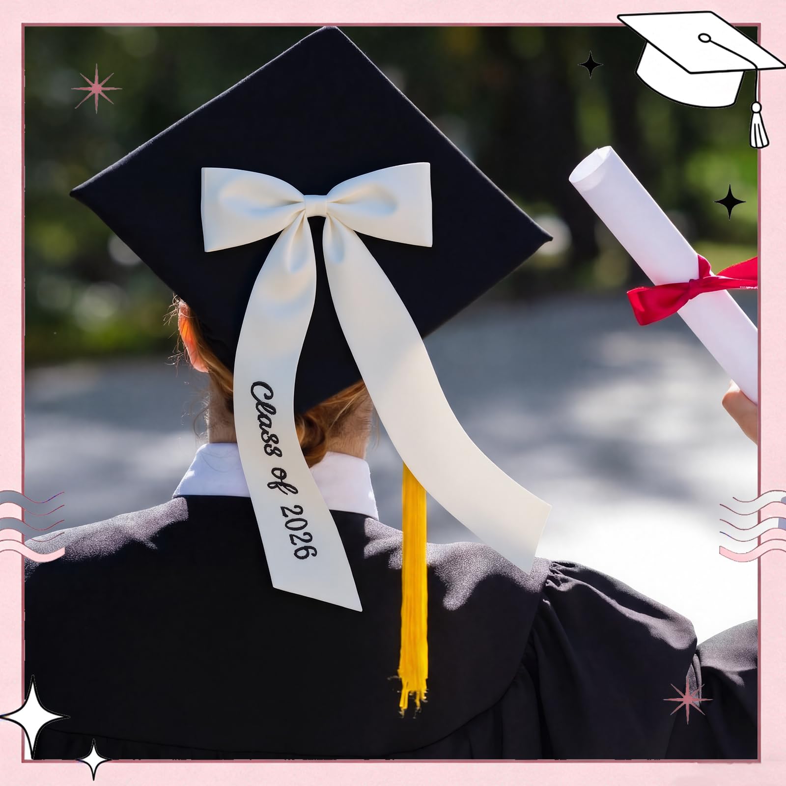 Suncalla bow mounted on mortarboard offering a refined graduation look