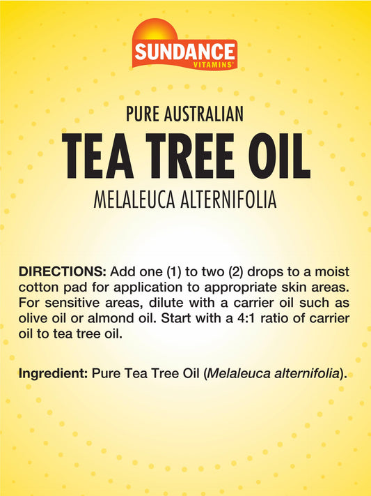 Sundance tea tree oil dropper dispensing a drop, close-up showing precise application benefit